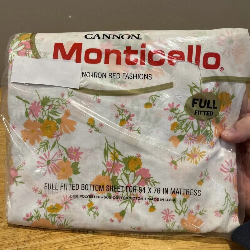 Vintage Cannon Monticello Orange FULL Fitted Pink FLOWER CLUSTERS‎ No-Iron